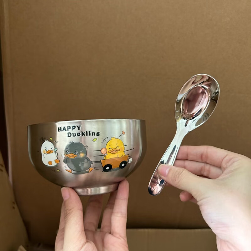 迪士尼（Disney）小孩子304不銹鋼碗兒童寶寶生肖吃飯碗家用食品級雙層隔熱防燙 浮雕小鴨碗316兒童勺
