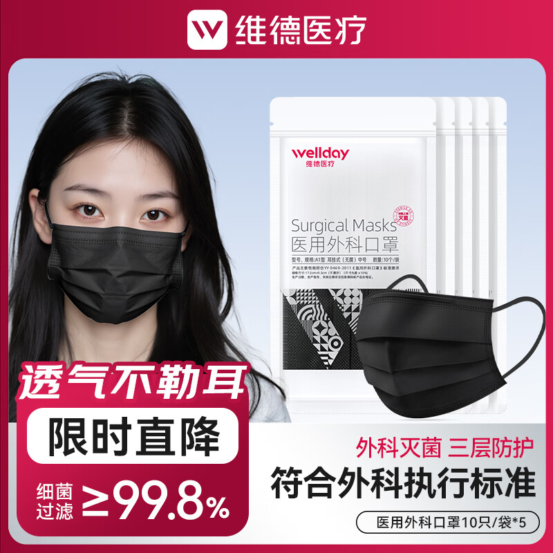 维德（WELLDAY）一次性医用外科口罩挂耳式三层无菌级防病毒细菌秋冬季透气防风 【医用外科灭菌】黑色50只