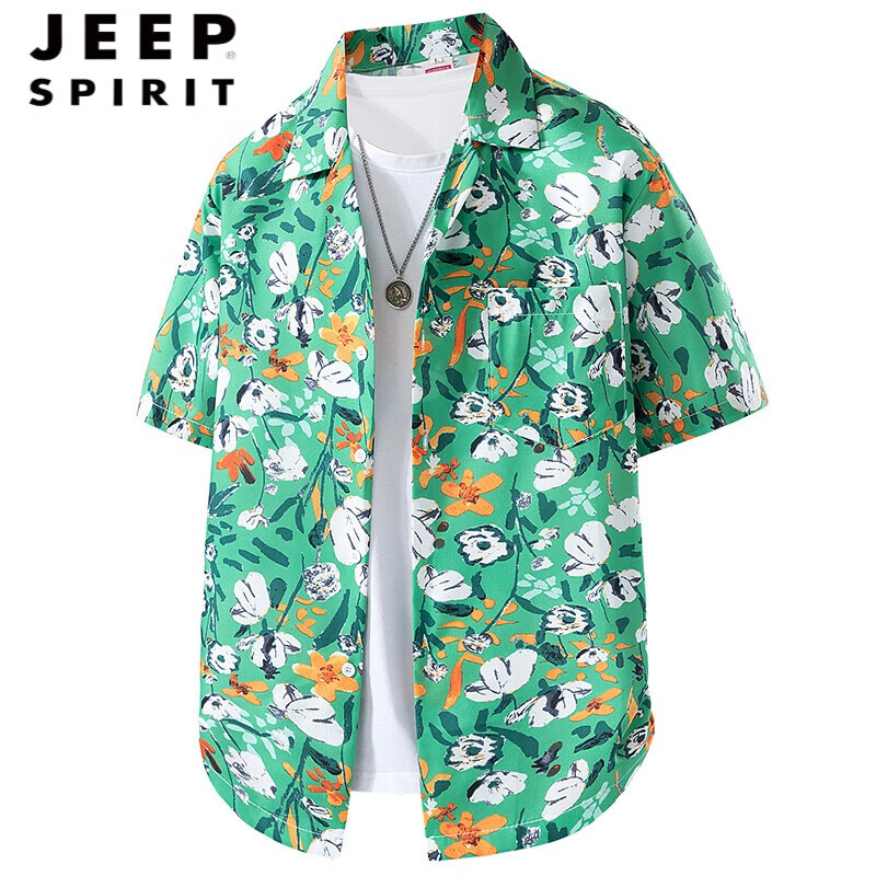JEEP SPIRIT夏威夷夏季海邊沙灘復(fù)古碎花滿印短袖冰絲速干襯衫潮牌花襯衫 綠色 XL