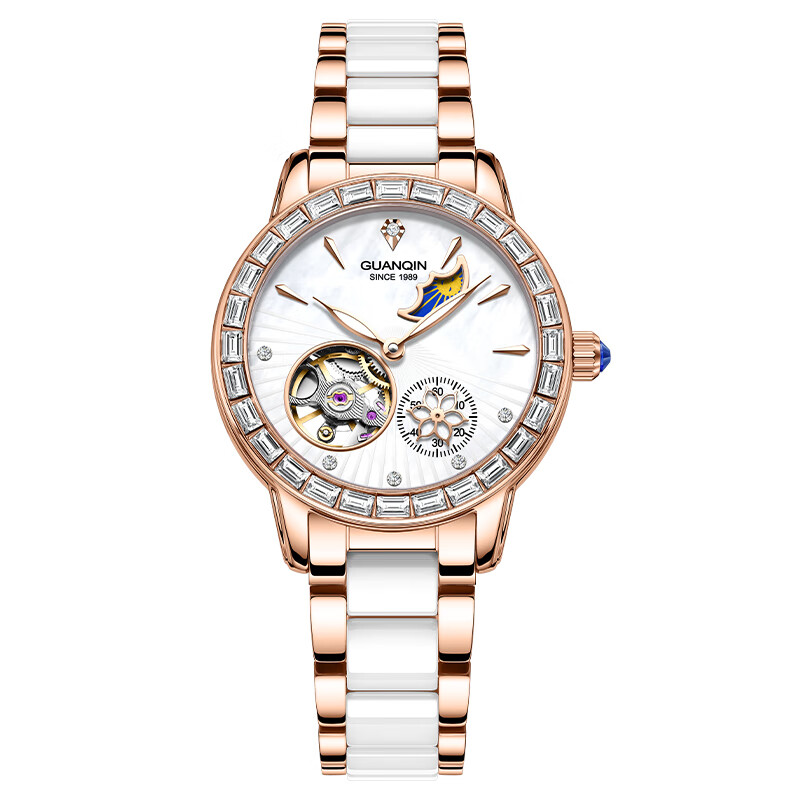 冠琴（GUANQIN）手表女全自动机械表明星同款镂空飞轮女士手表国表礼物送女友老婆 升级版钢带玫白/礼盒款+终身保