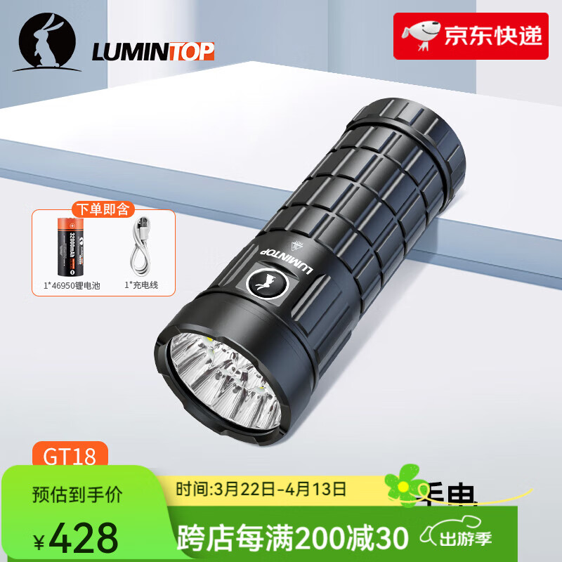 雷明兔GT18手電筒強光 TYPE-C口充電燈 超長續(xù)航充放電手電戶外露營防水 【黑色】GT18 32000毫安超長續(xù)航