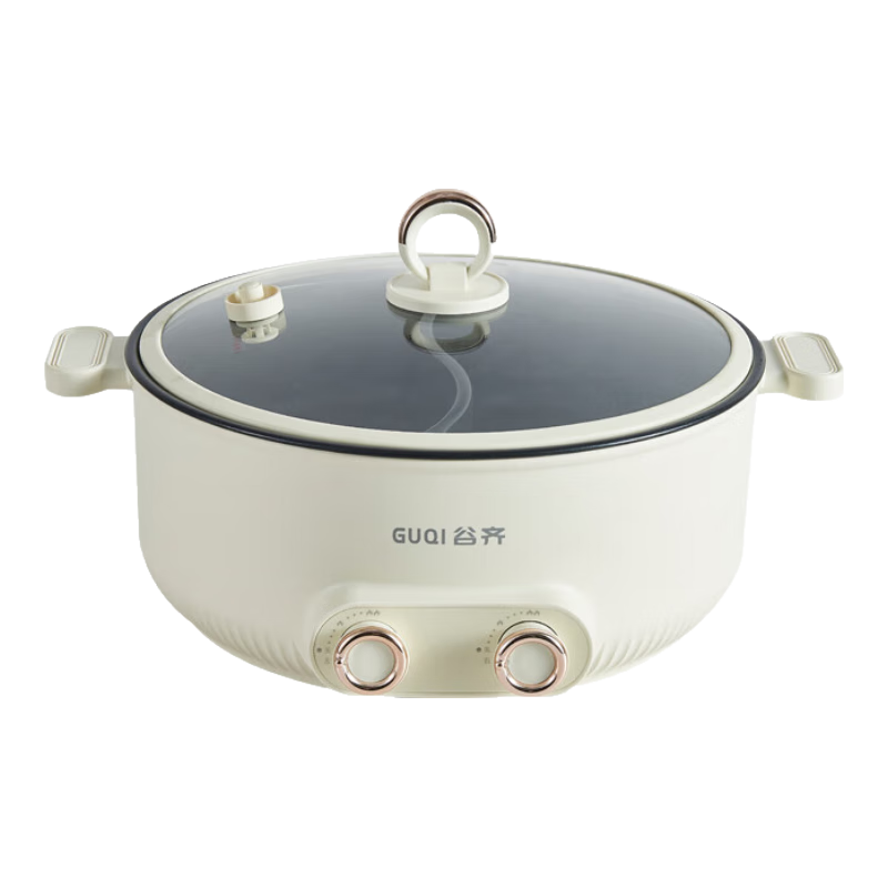 GUQI谷齐火锅专用锅 电火锅鸳鸯 电煮锅 上蒸下煮 7升大容量 2000W大功率电锅一体多功能锅 6L 分区控温|微压不粘锅