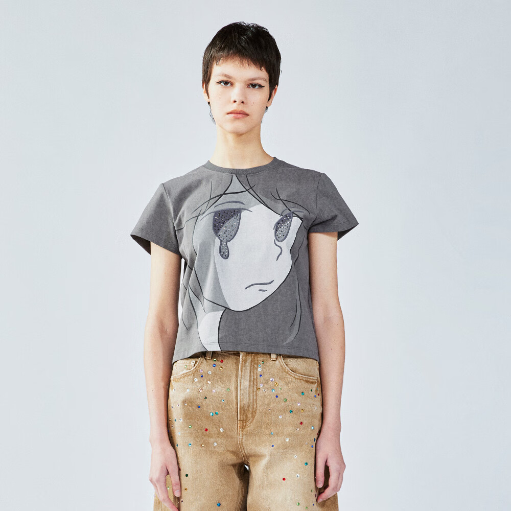 UOOYAA/乌丫2025夏季新款情绪表情胶囊伤心的女孩烫钻T恤 灰色 L