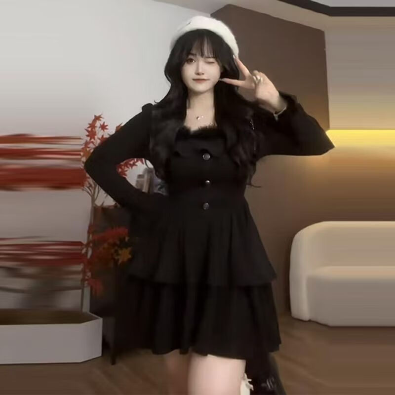 TNWKJLC遮肉不顯肚子胖妹妹大碼連衣裙遮肉不顯肚子胖妹妹大碼連衣裙胖MM 黑色毛毛領(lǐng)連衣裙 3XL 3xl【130斤-150b