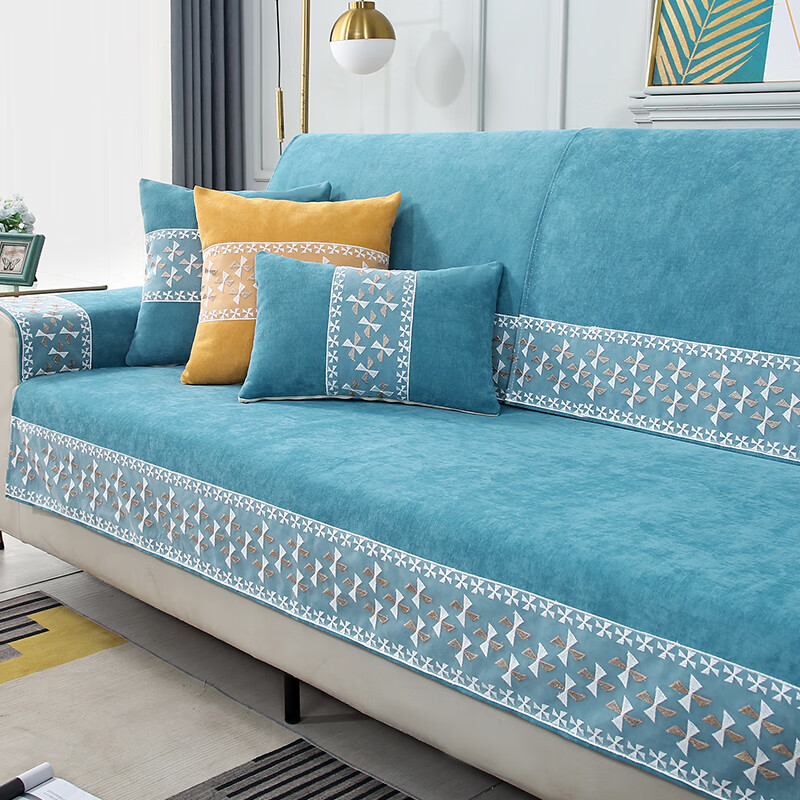 眷耐沙发垫四季通用防滑2026年新款雪尼尔坐贵妃一体开叉靠背通铺整张 相知橘黄-(雪尼尔) 130*180cm一面花边贵妃专用