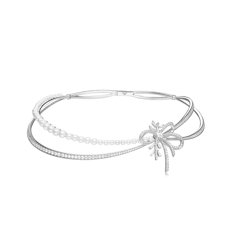 HEFANG絲帶初雪項圈輕奢設計雙層項鏈鎖骨鏈七夕 銀色