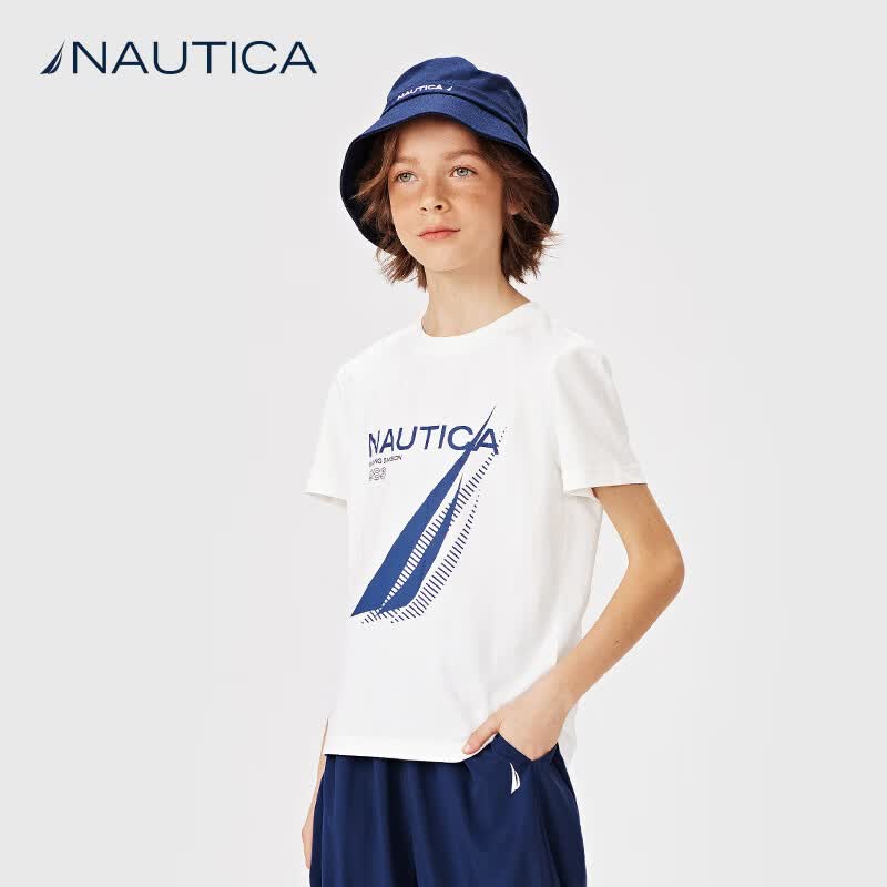 NAUTICA诺帝卡童装女童男童套装夏季短袖t恤儿童夏季套装亲肤上衣速干 白色-上衣 160