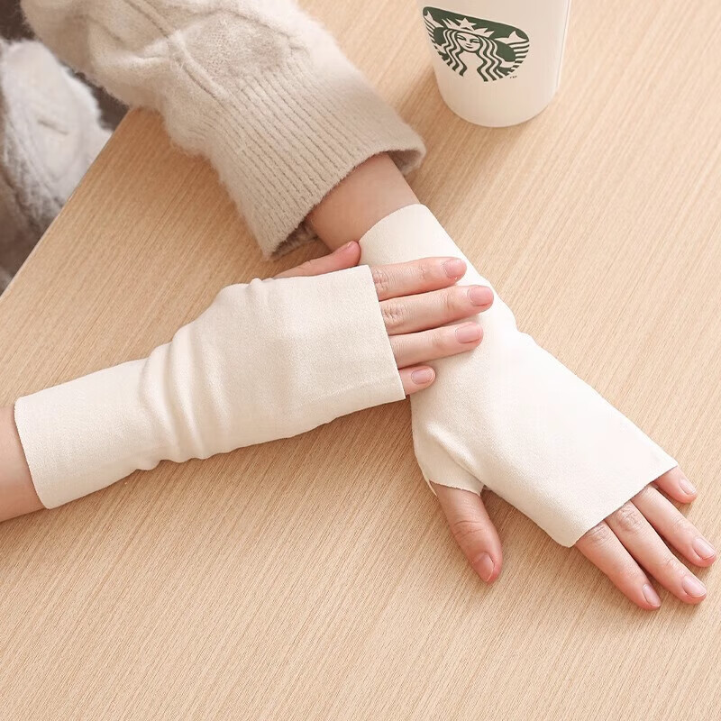 |【已验货】手套加绒冬季发热双面半指薄款学生露指保暖写字打字短 白色