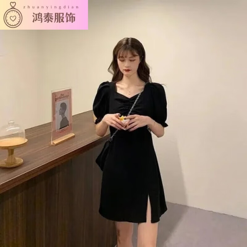 待婉大码法式赫本风开叉连衣裙子2024年新款胖MM设计感显瘦小黑裙女夏 短款 M