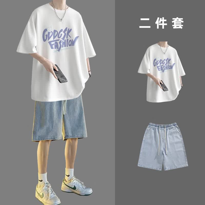 洛科驰短袖t恤男夏季套装潮流小清新学生一套搭配衣服港风百搭休闲2件套 白色短袖+蓝色5226牛仔短裤 【两 S