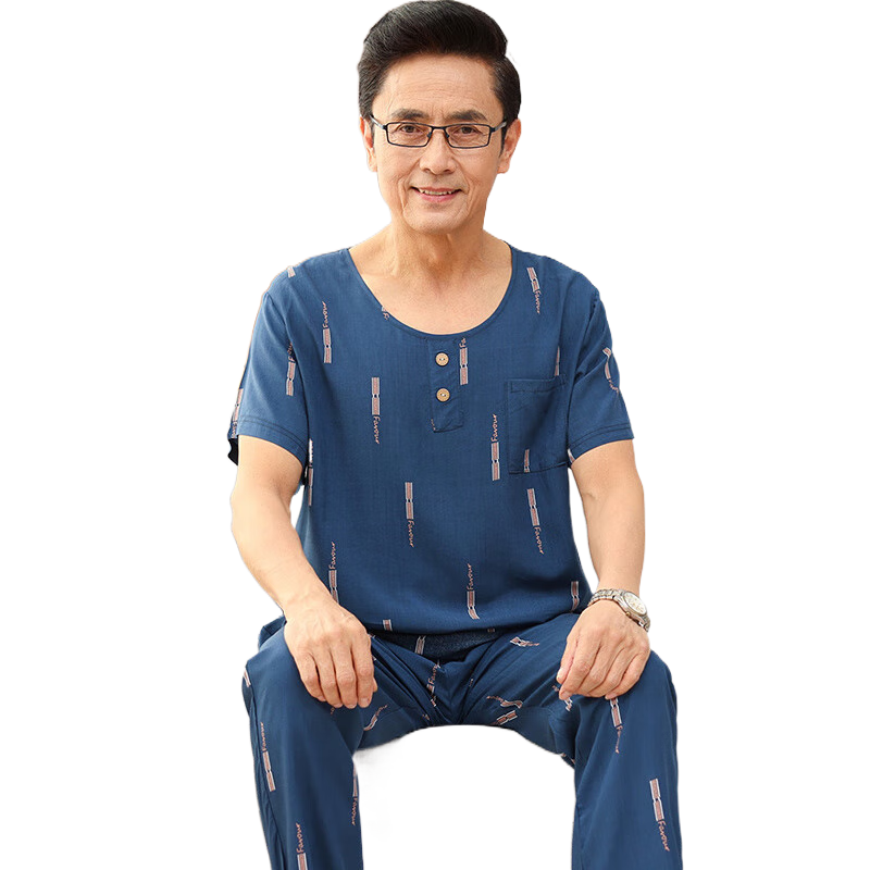 貓人（MiiOW）新款棉綢睡衣男士夏季父親短袖純棉家居服中年爸爸中老年套裝大碼 2188 L 建議100-135斤