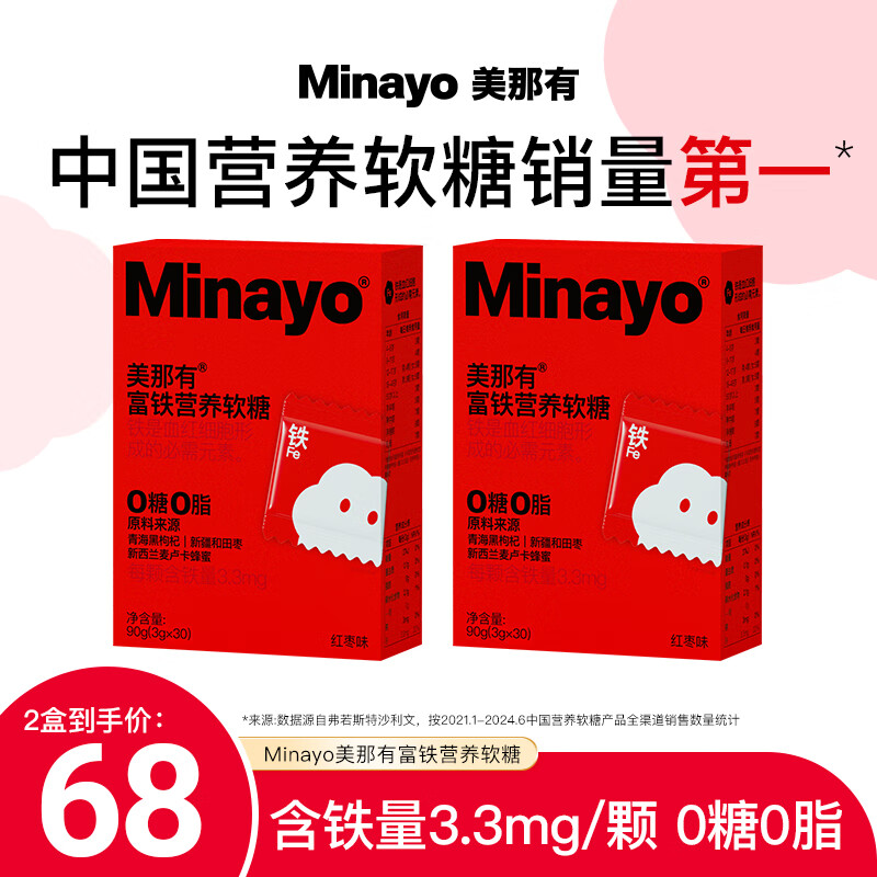 minayo美那有 富铁软糖哺乳期孕妇姨妈期女性补铁剂养气血补铁软糖 (超值装）红枣味60粒/2盒