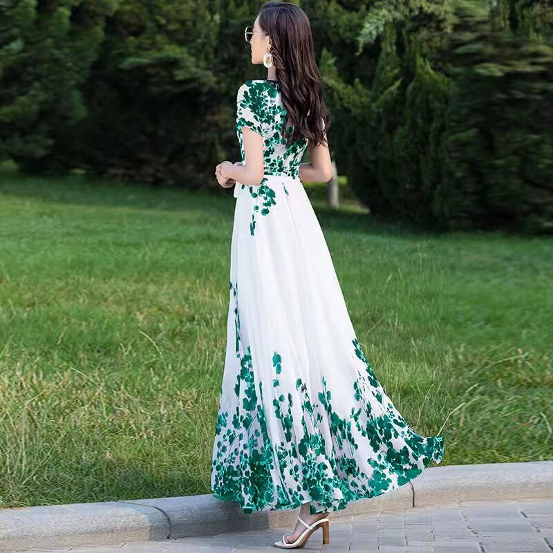 筑凡夏季长款连衣裙到脚踝遮肚子超仙气质水墨碎花2025新款绑带收腰