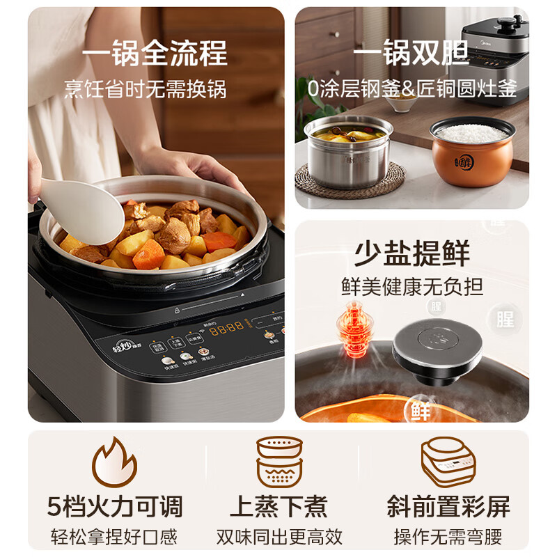 美的(Midea)电压力锅家用0涂层不锈钢精钢双胆多功能排气智能高压锅5L大米煮粥锅电饭煲 MY-C5639G 【0涂层钢胆+圆灶釜】5升 2-9人享 5L