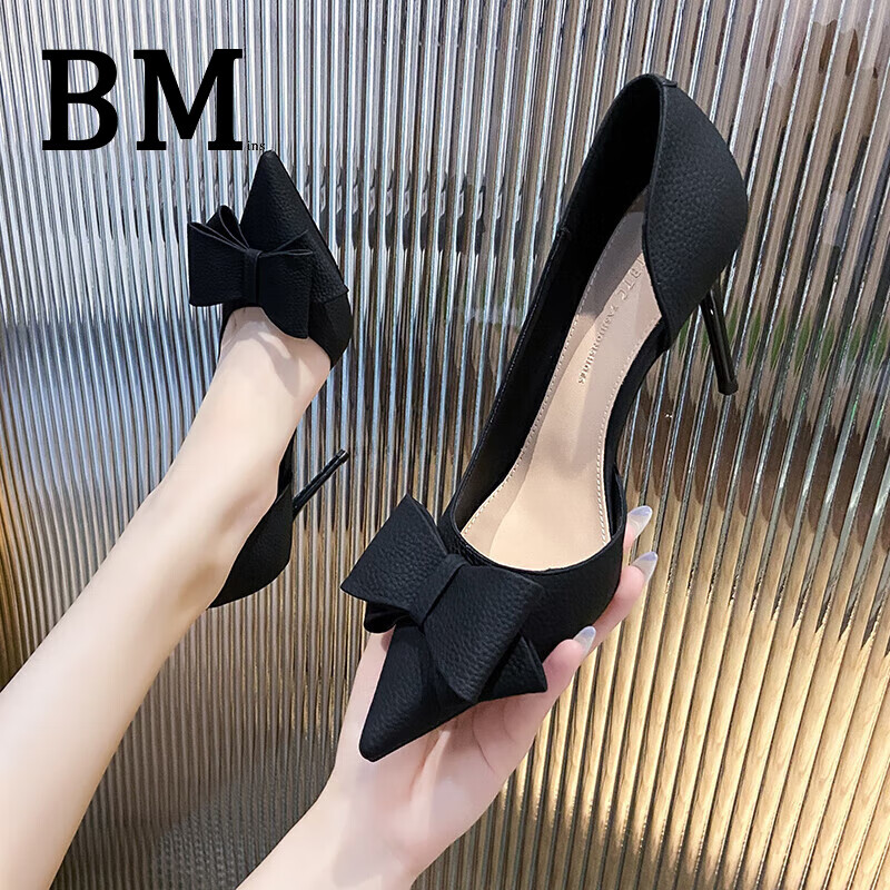 BM INS【3萬+人加購】2025年夏季新款百搭尖頭鞋法式高跟鞋女細(xì)跟側(cè)空 黑色 35