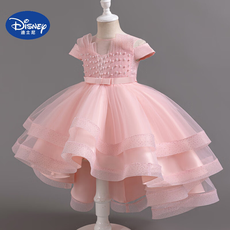 迪士尼（Disney）25夏女童蓬蓬紗拖尾公主裙禮服兒童婚禮晚宴表演服連衣裙 蝦粉色 140 cm