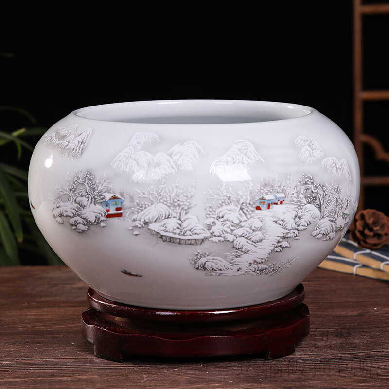 希格鲨景德镇陶瓷鱼缸小号金鱼乌龟缸睡莲碗莲花盆笔洗养鱼盆家用水浅 水点桃花中号 (不带底座)