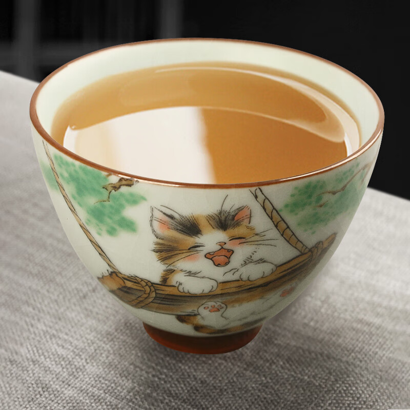 易信开片陶瓷猫咪对杯套装汝窑茶盏主人杯家用喝茶杯品茗杯喝水杯子 春分2斗笠杯-秋千猫+红果猫