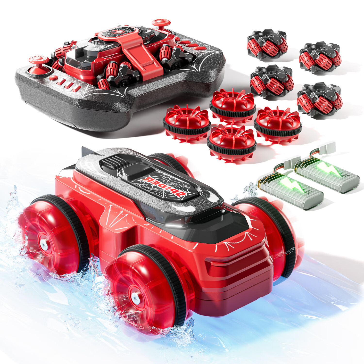 侧滑特技旋转万向麦克纳姆轮炫酷机甲电动车 10cm水陆两栖遥控车红色