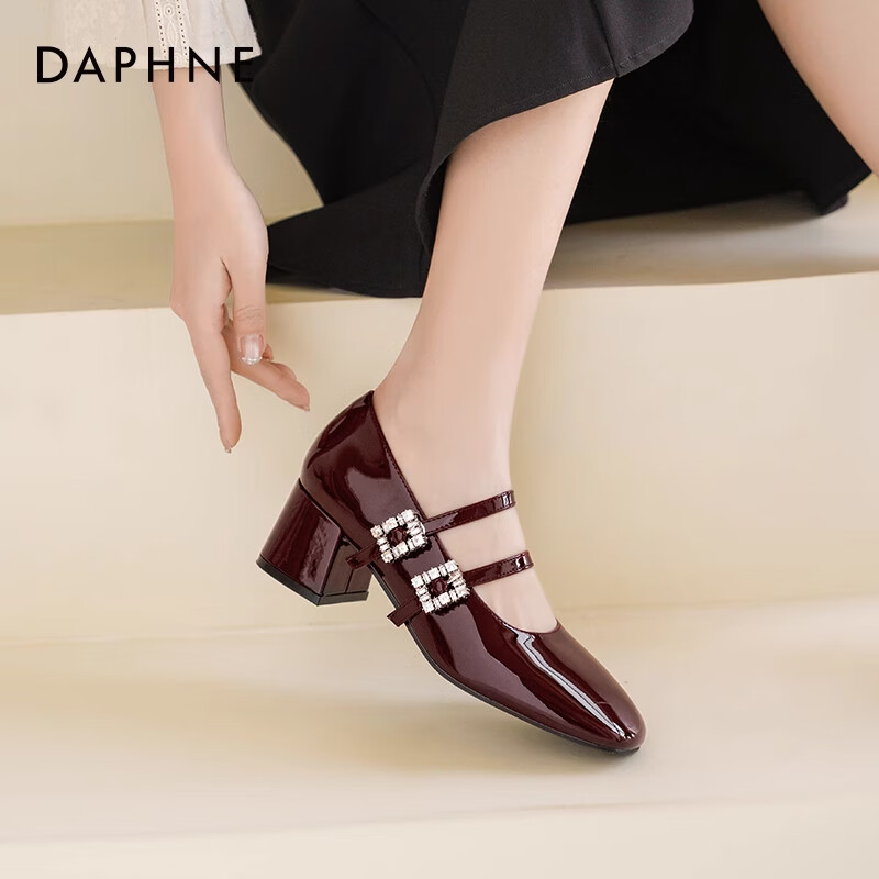 达芙妮玛丽珍女鞋2026春季新款粗跟方头高跟鞋女复古浅口皮鞋单鞋女JD 酒红色【4.5cm粗跟】 37