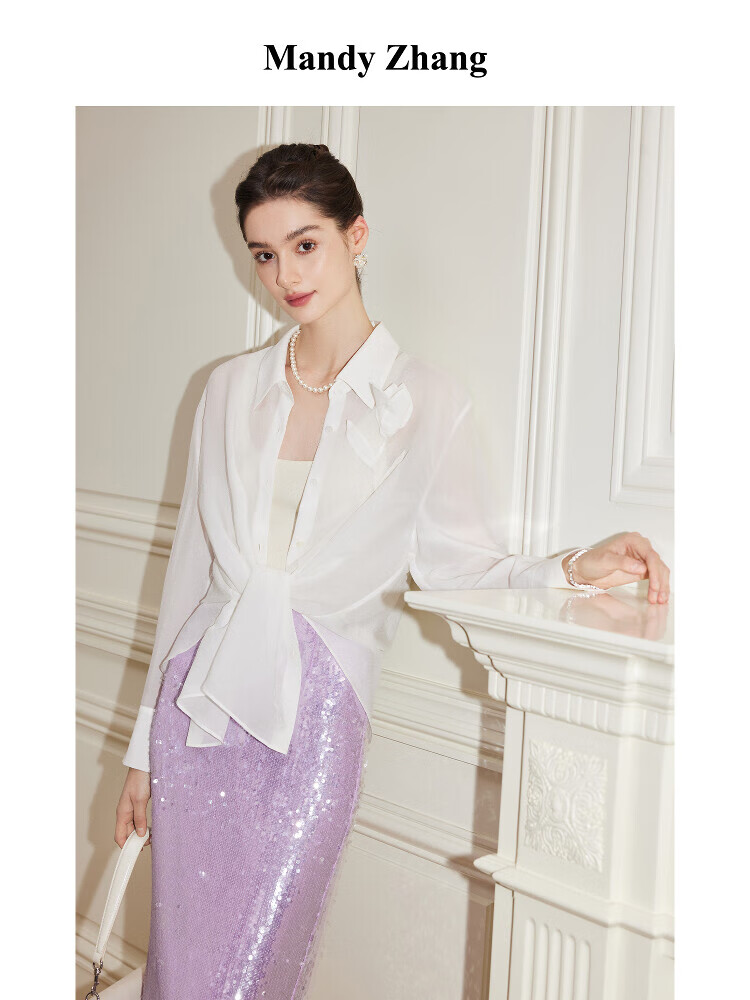 Mandy Zhang法式郁金香真絲醋酸襯衫女夏季高級感白色防曬長袖上衣 星云白 L