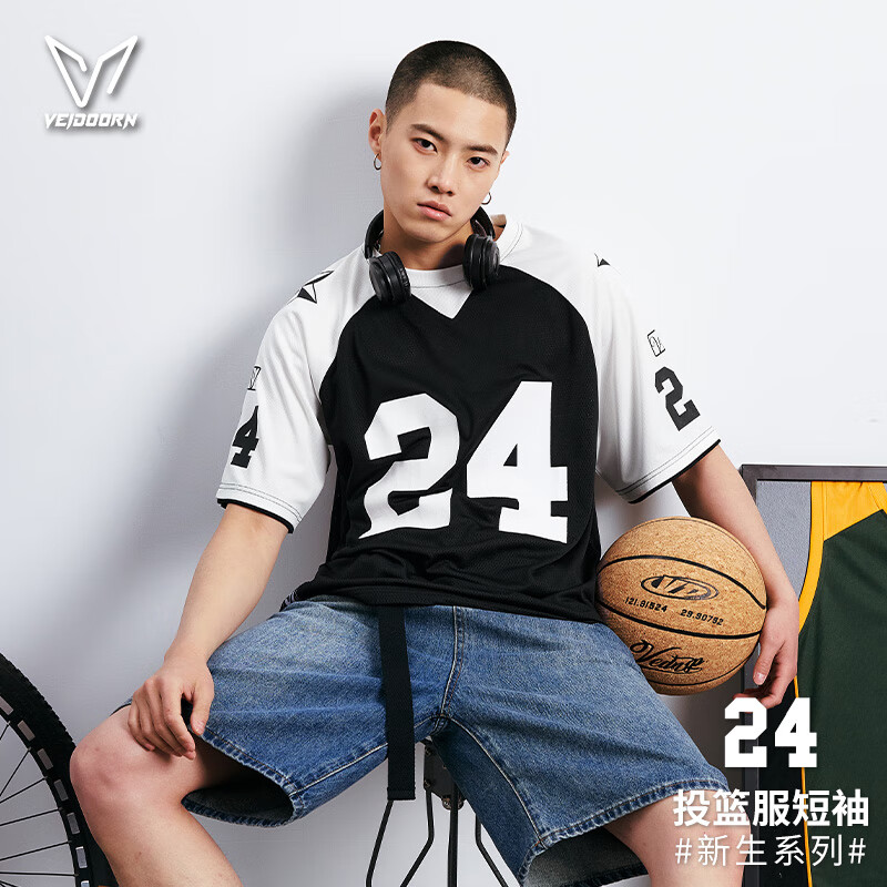 维动（VEIDOORN）24号短袖篮球服男美式篮球训练服运动跑步上衣透气潮男T恤 24号-黑白 L