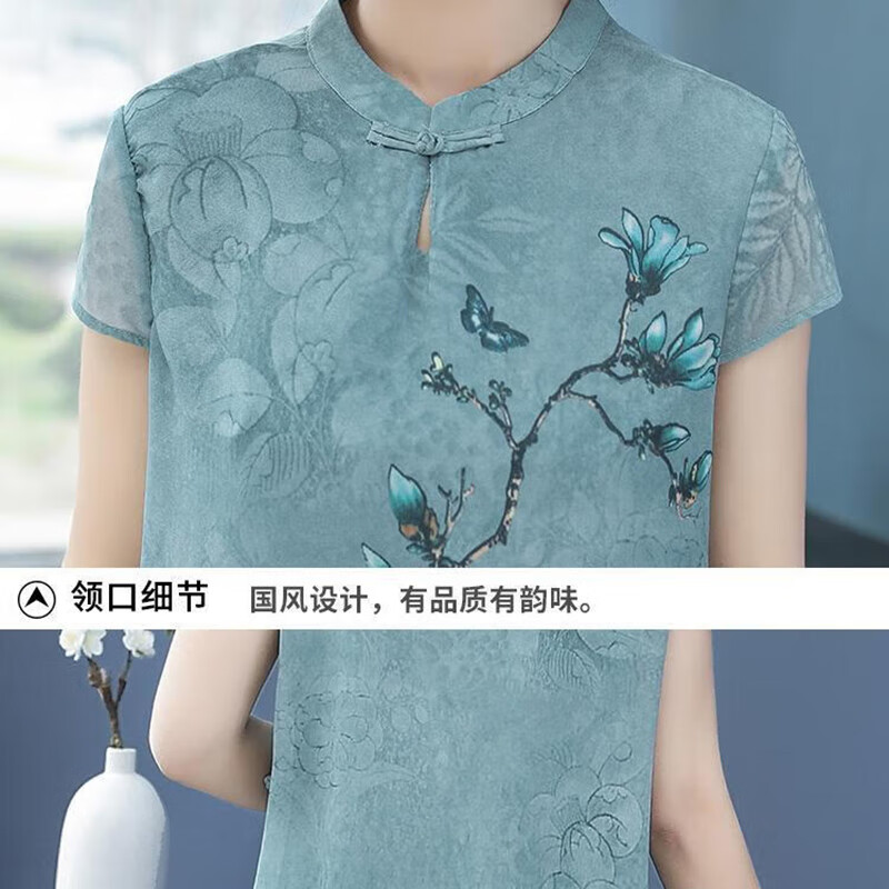 俞兆林妈妈大码民族风连衣裙旗袍改良版夏季年轻款中老年阔太太雪纺裙子 绿色 XL 建议105-115斤