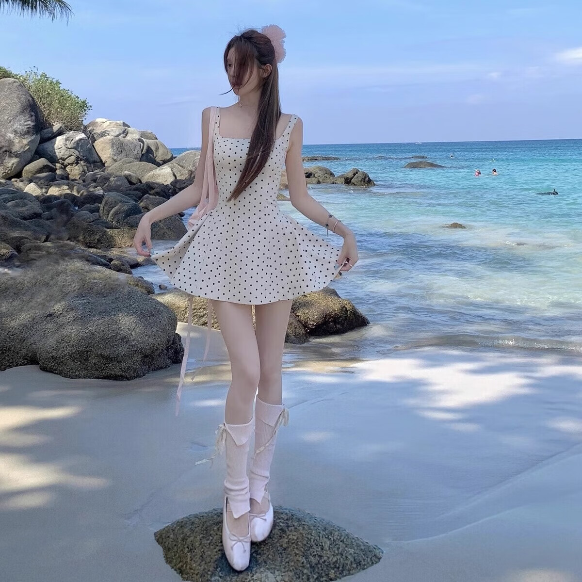 凊知檸2025夏季新款波點杏色方領(lǐng)吊帶連衣短裙女法式初戀清純收腰裙子 杏色波點 S 杏色波點裙(80-90斤)