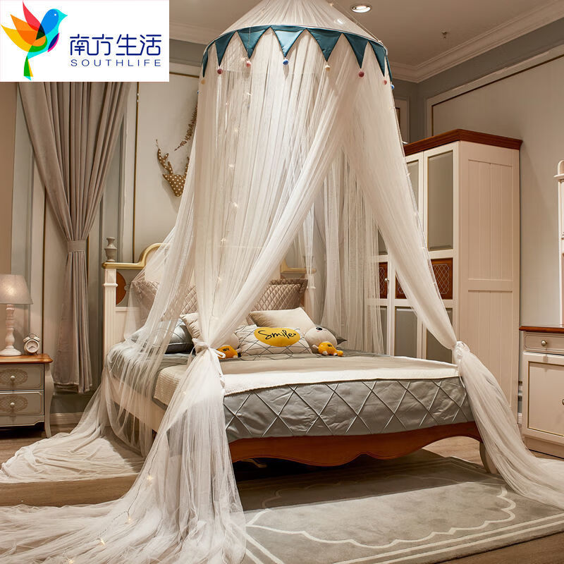 南方生活公主風(fēng)蚊帳免安裝吊頂雙層用1.5圓頂仙女蚊帳落地1.8加密帳紗 緹娜-藍(lán)-不+燈-(三開門) 1.2m床