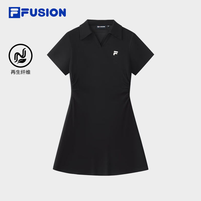 FILA FUSION斐乐潮牌女子针织连衣裙2025夏季新款收腰修身V领裙子 正黑色-BK M 165/84A/M