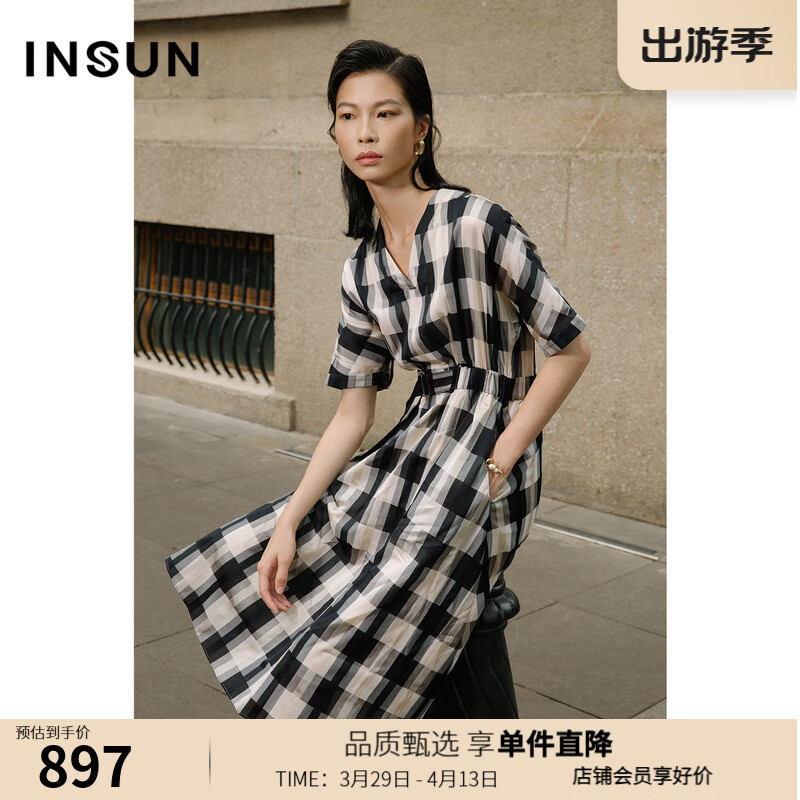 INSUN恩裳夏季復(fù)古V領(lǐng)醋酸格紋連衣裙 黑白 S