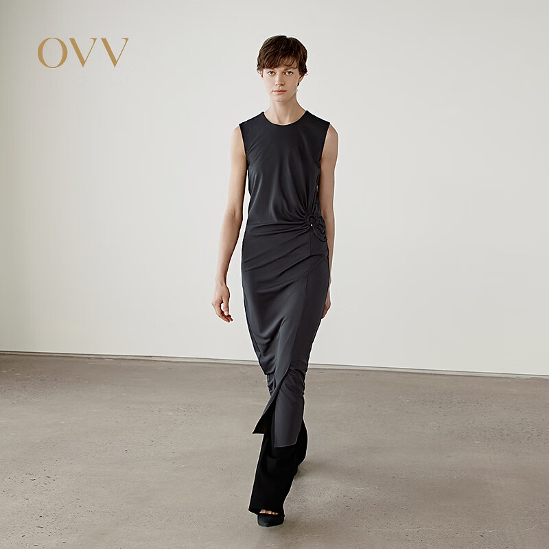 OVV2025春夏新款女装不对称抽褶设计圆领直筒无袖连衣裙 曜石黑 2XL