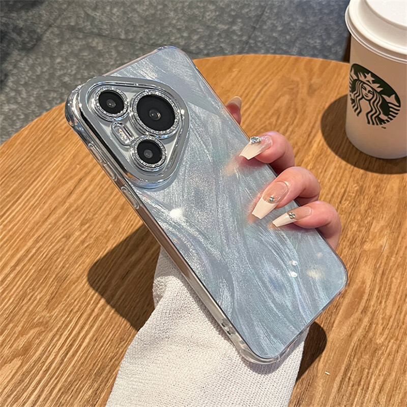 LNXXS 适用华为pura70pro+手机壳新款pura70自带闪粉镜头膜70ultra渐变羽纱带挂链p60高级感60pro保护套 渐变羽纱【银色】自带闪粉镜头膜 华为 Pura 70