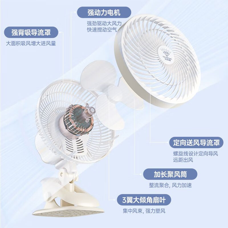 DIAMOND钻石牌台式办公桌面夹扇小型摇头音静电风扇学生宿舍家用电扇 轻音大风力【升级摇头款】 无规格