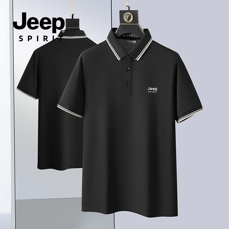 JEEP SPIRITPolo衫夏季薄款男装2025新款宽松休闲翻领T恤男士短袖 黑色 M