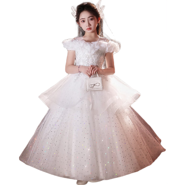 安妮優(yōu)兒兒童禮服輕奢高端女童主持人生日公主裙花童鋼琴演出服 白色  120
