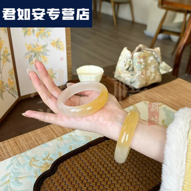 赤刻 赤刻  CHIKEERS翡翠平替冰種黃龍玉手鐲一口糖和田玉黃翡手鐲小紅書同款 [高品質(zhì)]黃龍玉扁條圈口52-54M