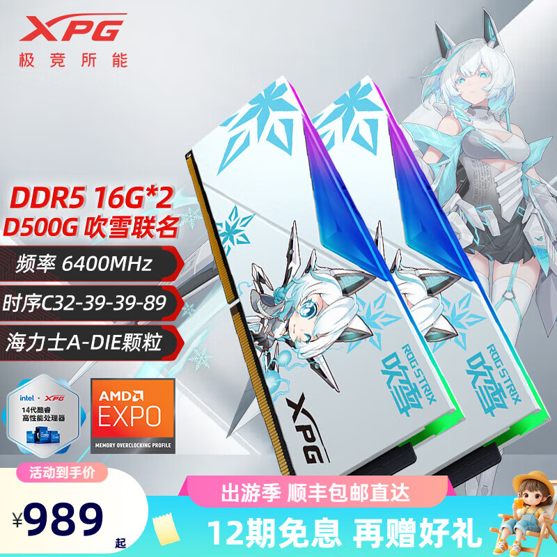 XPG威刚龙耀D500G DDR5内存条16/32/64/96G华硕吹雪姬ROG姬联名套条RGB灯条台式电脑海力士颗粒超频 D500G 吹雪联名 16G*2 6400 C32