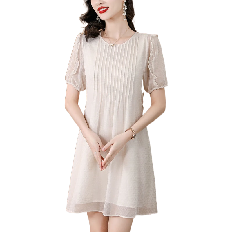 皮爾卡丹（pierre cardin）法式氣質(zhì)短袖小個子雪紡連衣裙女士夏季泡泡袖裙子寬松減齡娃娃裙 白色 M 【80-100斤】
