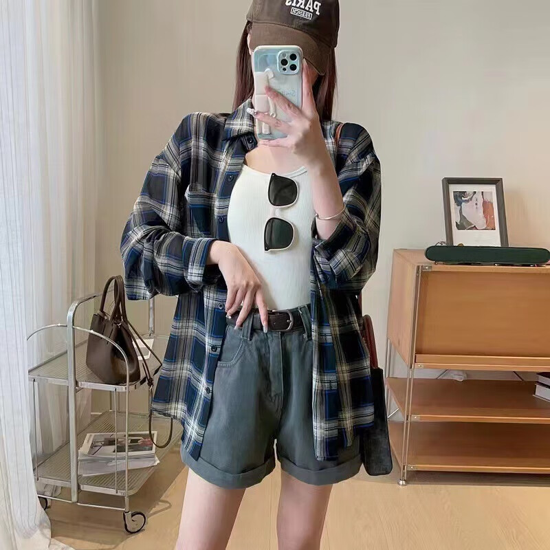 宝娜斯（BONAS）港风女装甜美格子开衫夏季防晒衬衫外套女设计感上衣 蓝色 均码 80-140斤
