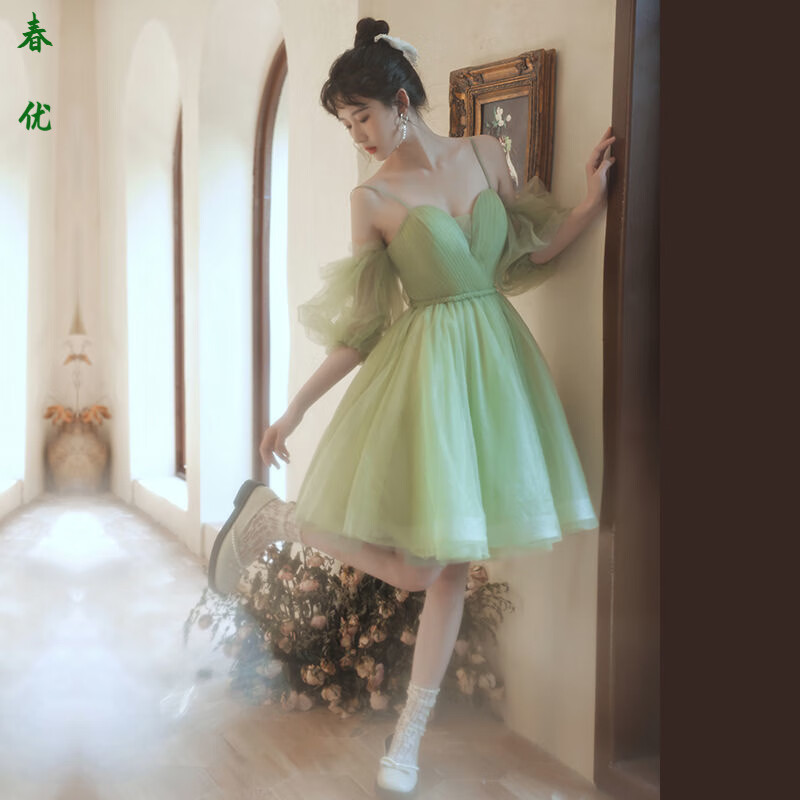 芭瑾圖洋裝小禮服新款名媛公主裙優(yōu)雅氣質(zhì)生日宴會超仙日常小禮服裙 牛油果綠短款 L