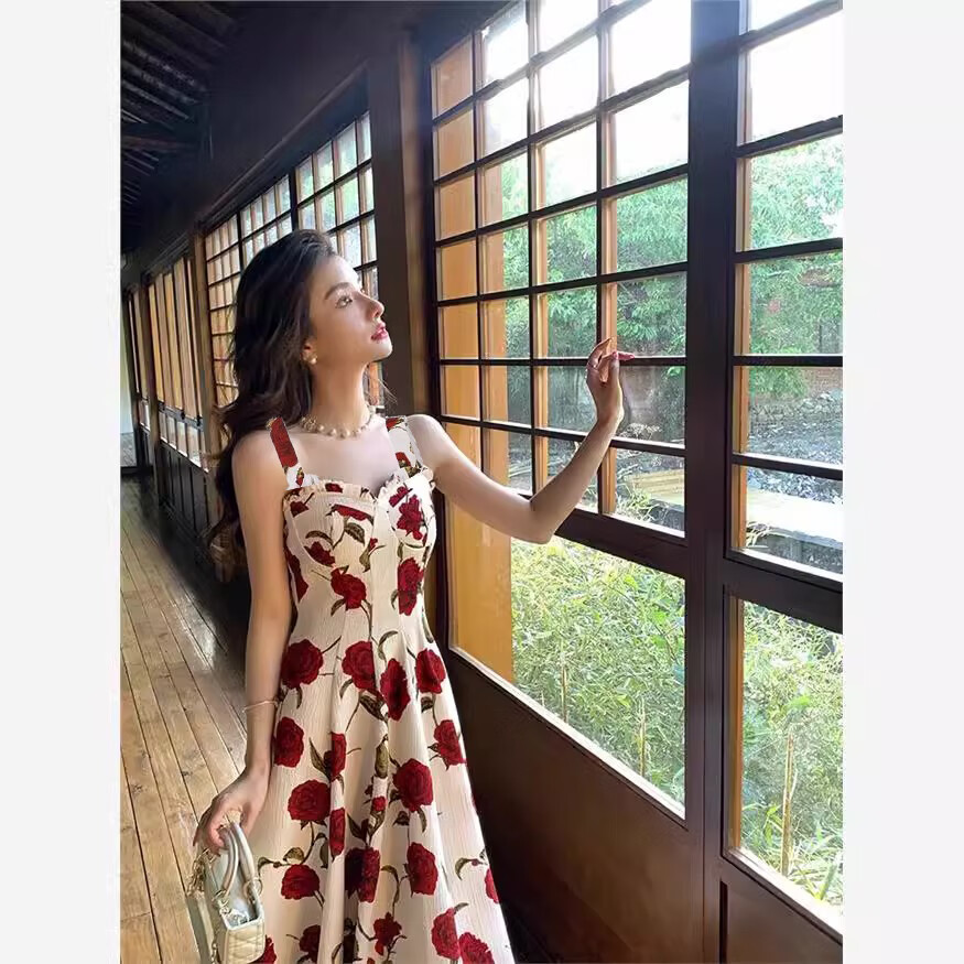 乐拓健玫瑰碎花吊带连衣裙女夏小个子茶歇法式红色连衣裙2025新款女夏季 花色【小众设计/吊带连衣裙/夏1 S