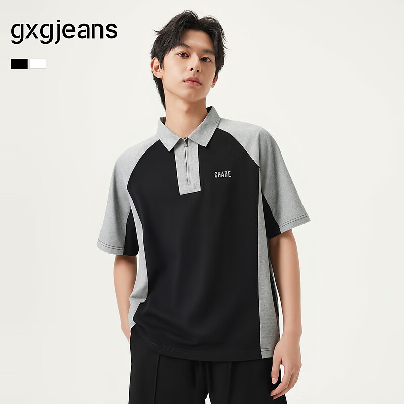 gxgjeans男装  撞色拼接时尚宽松半拉链翻领短袖POLO衫25夏新品 黑/灰 L (175)