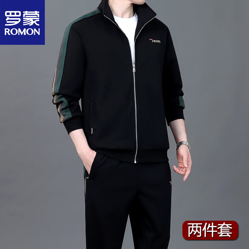罗蒙(ROMON)男士运动套装2025春秋季新款跑步长袖大码宽松两件爸爸休闲运动服 083款(红色)两件套 L (-120斤))