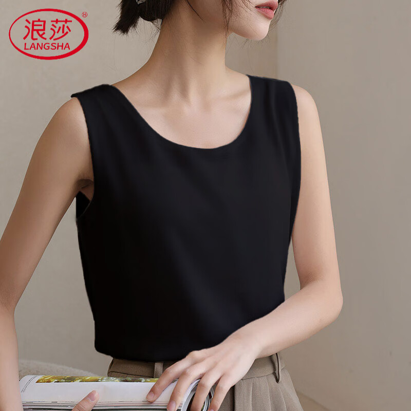 浪莎（LangSha）高檔高雙層雪紡衫圓領(lǐng)背心女西裝內(nèi)搭打底吊帶寬松夏外穿大碼上衣 高黑色 【圓領(lǐng)】 4XL 【建議140-150斤】