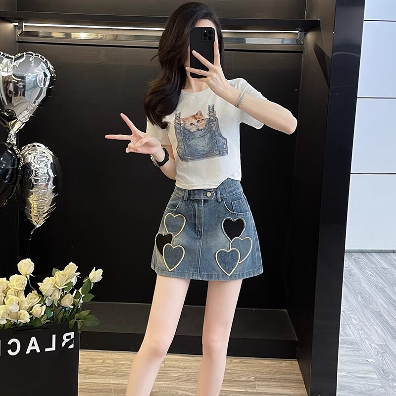 此念穿搭一整套夏天女裝活潑減齡白色短袖T恤牛仔裙褲休閑時(shí)尚兩件套 白色上衣+藍(lán)色短裙 S
