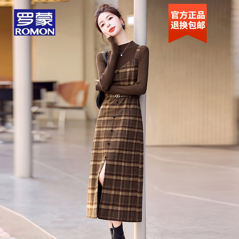 羅蒙品牌小香風(fēng)格子吊帶連衣裙女2025春秋復(fù)古毛呢背帶裙兩件套裝長裙 格子+咖毛衣 M 【90-110斤】