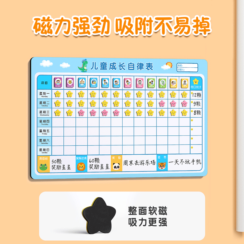 金枝叶儿童奖励积分卡小红花记录墙贴学习计划表小孩子成长自律表贴纸榜21天好习惯养成家庭时间管理器 【恐龙】升级款139件套