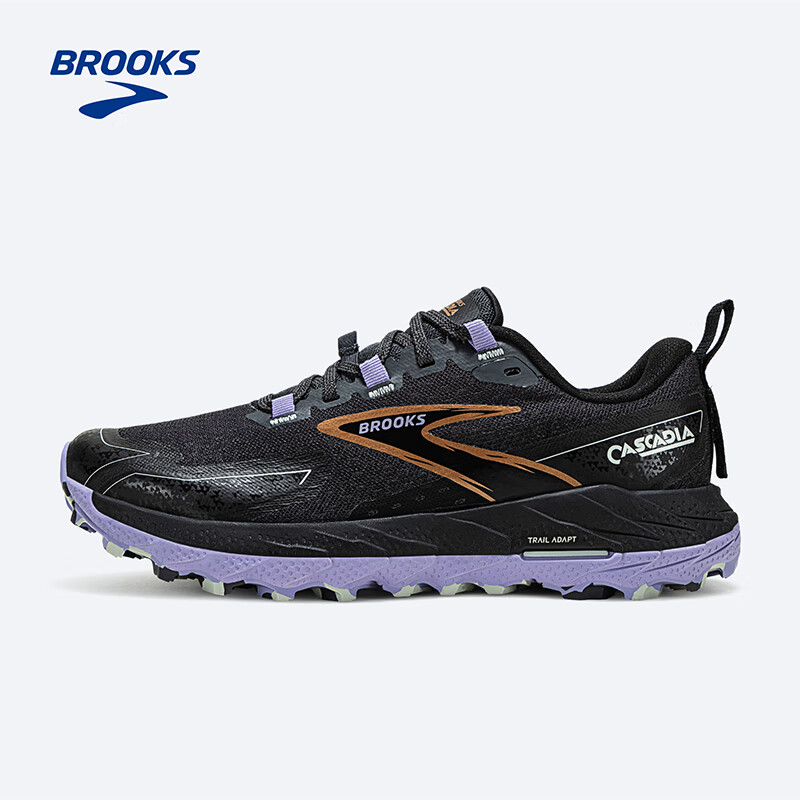 布鲁克斯（BROOKS）越野跑步鞋男女舒适户外徒步缓震耐磨跑鞋Cascadia 18 山岩 女款 宽楦 乌木/紫/焦糖金 40