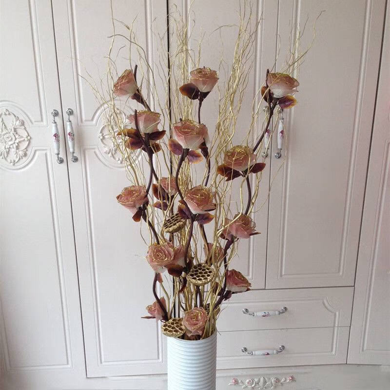 叶脉干花客厅落地假花仿真干枝插花干花玫瑰花居家新房装饰干树枝